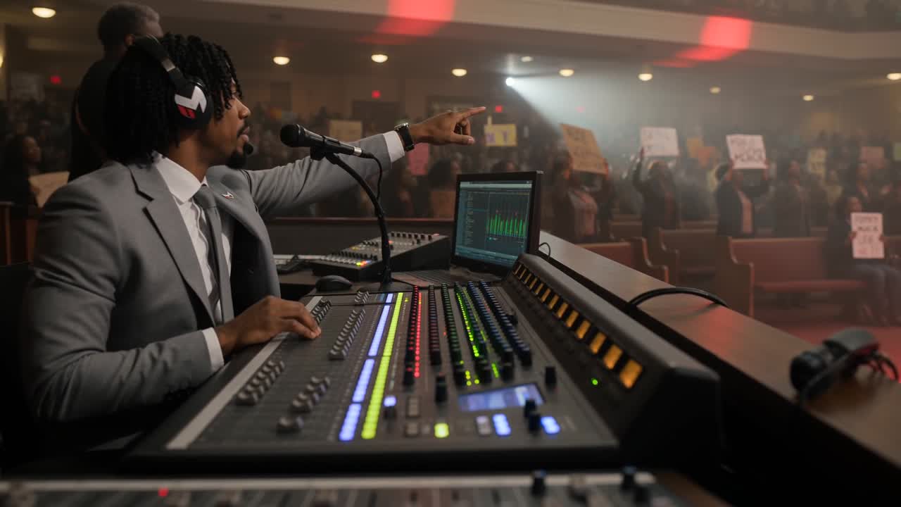 Matthew McCluster at the mixing desk, directing a packed civic assembly